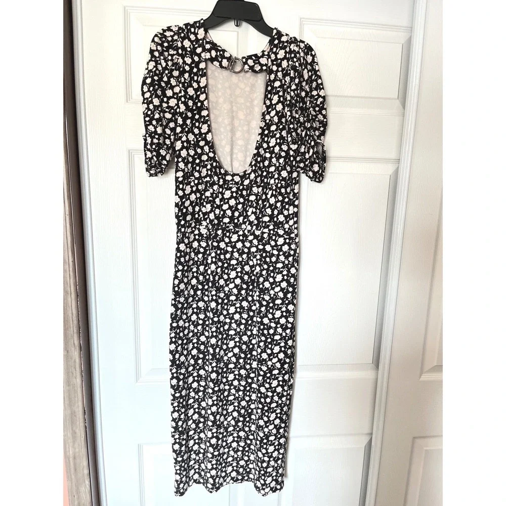 Free People Black‎ White Floral Puff Sleeve Open Back Midi Dress Size S